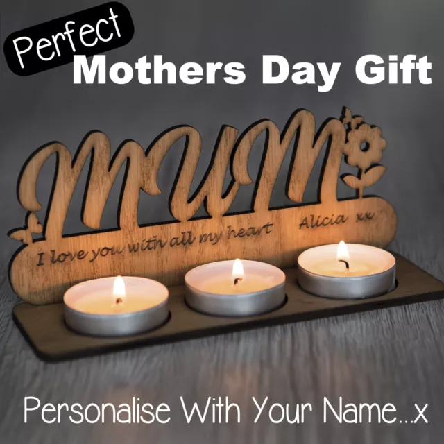 HAPPY MOTHERS DAY Gift Mum Mummy Valentines Candle Holder Oak Birthday