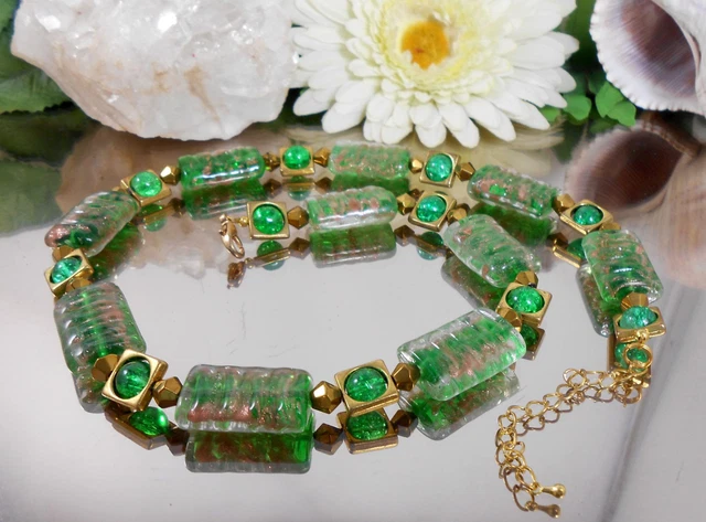 2er SET Collier + Ohrringe / GLAS Perlen GRÜN Goldsand + Crackle Glas / ML 51 cm 2