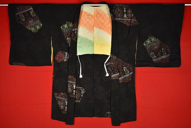 Vintage Japanese Kimono Silk Antique BORO Black HAORI Kusakizome Dyed/B813/395