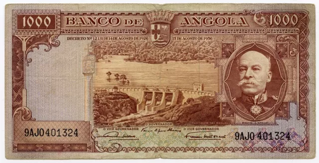 Angola-Portuguese 1956 Issue 1000 Escudos Banknote Rare Crisp Vf.pick#91.