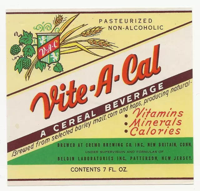 Prohibition Era Cremo Brewing Vite-A-Cal Beverage label New Britain CT