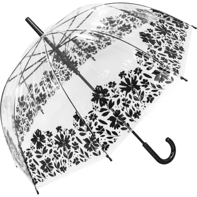 Large Adult Size Black Mono Florals Dome Clear Umbrella Brolly Rainy Day Gift