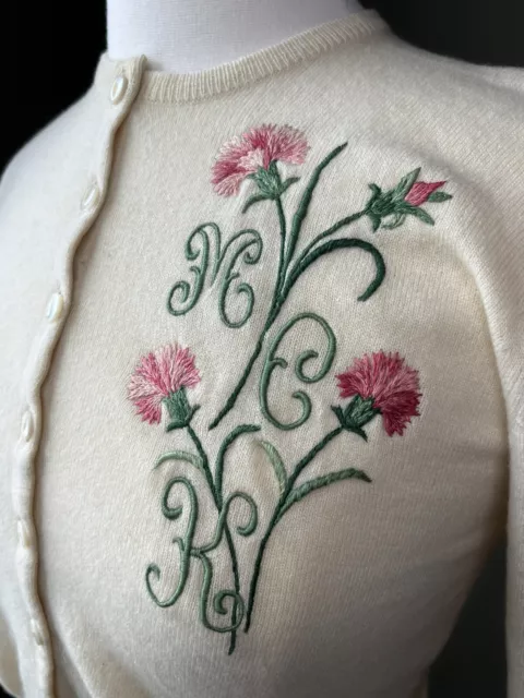 VINTAGE PRINGLE OF Scotland Cropped Floral Embroider 100% Cashmere ...