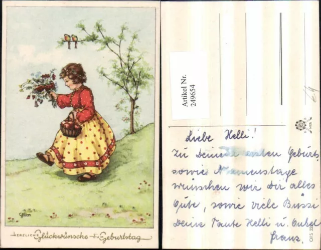 249654,Künstler AK G. Milan Geburtstag Mädchen m. Kleid Korb Äpfel Blumenstrauß