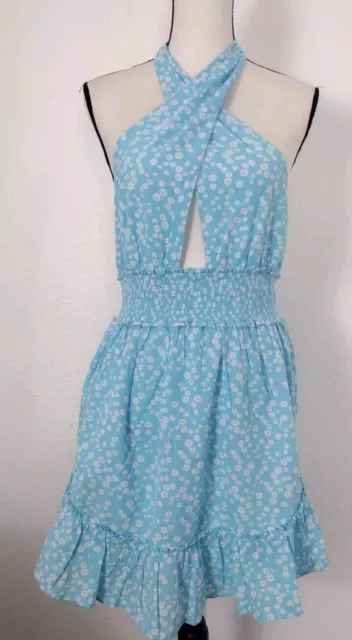 NEW AERIE SPRING Fling Baby Blue Floral Halter Short Dress Size M £31. ...