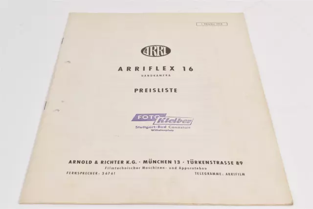Arri Arriflex 16 Preisliste 1958 sehr selten guter Zustand mit Markierungen