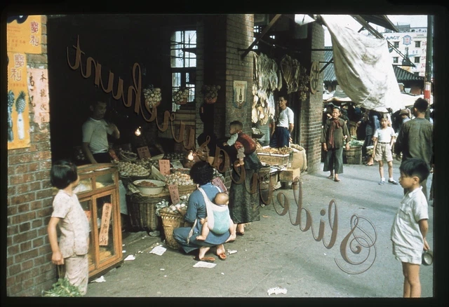 Hong Kong Street Scene Market People Food 1950s 35mm Slide