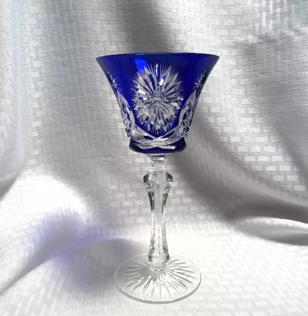 Bohemian Wine Glass 8 3/8" Cobalt Blue Cased Cut To Clear Crystal
