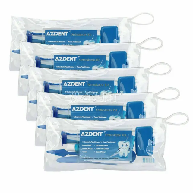 5X AZDENT Dental Ortho Brush Ties Toothbrush Floss Oral Travel Set Kit Blue