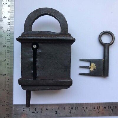 Iron padlock or lock with key MOST RARE & EARLY old or antique, barbed spring