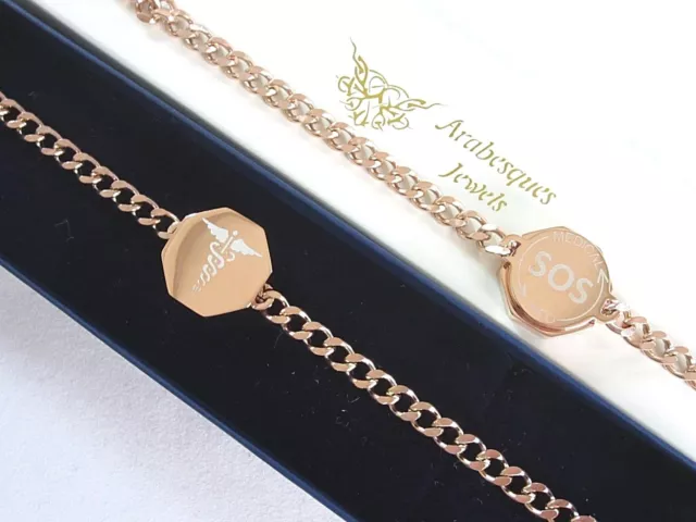 GENUINE 9ct ROSE GOLD PLATED STAINLESS STEEL SOS BRACELET/MEDICAL INFO TALISMAN