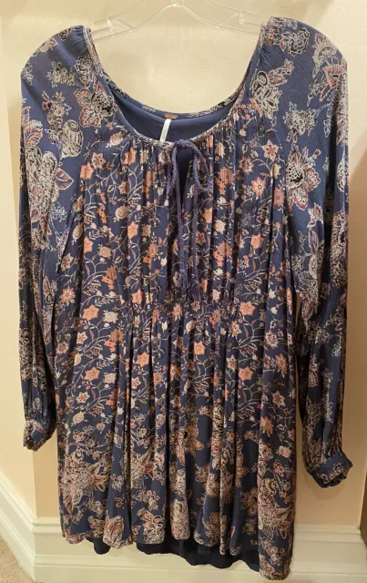 Free People Blue Lined Floral Tunic Blouse Womens Size Small SP Long Sleeve EUC
