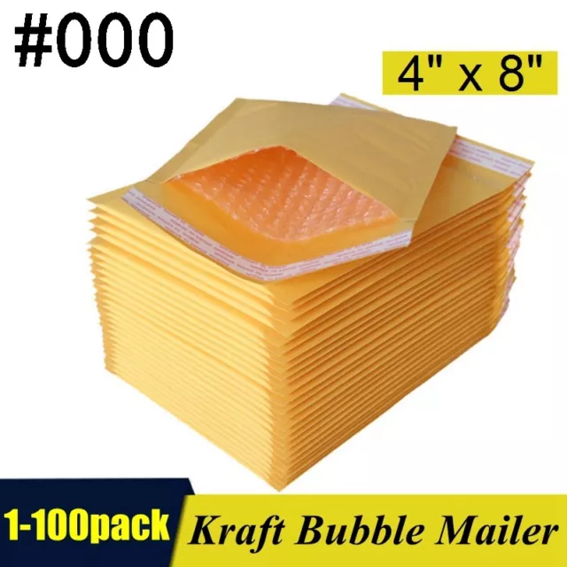 #000, 4"x8" Kraft Self Seal Bubble Mailer Padded Envelopes,  4x8 inch 1-100 pack