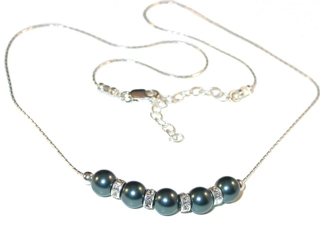 TAHITIAN TEAL Pearl Necklace Bridal Sterling Silver Swarovski Elements