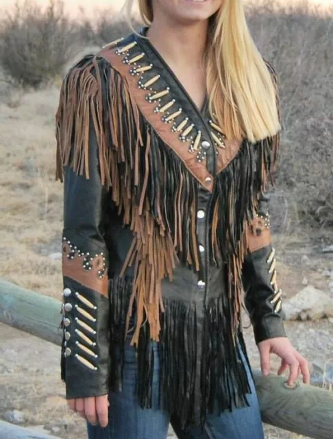 Western Women's Lambskin Leather Fringe Jacket bones stud Cognac trim LJ288