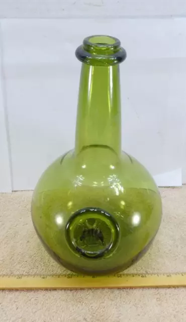 Vintage Joseph Frances Applied Seal Green Glass Bottle Hand Blown Pontil !