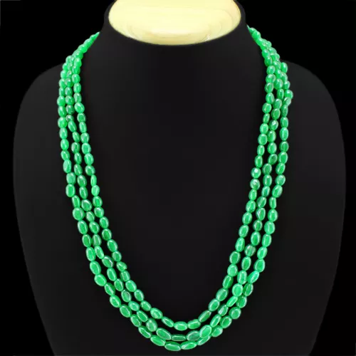 Top Quality 270.00 Cts Natural 3 Line Green Emerald Oval Beads Necklace (Dg)