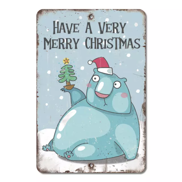 Christmas Polar Bear Aluminum Metal Sign -  Cute Animal Santa Happy Holiday