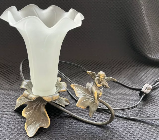 Cast Metal Angel Cherub Violin Lamp Frosted Art Glass Tulip Shade Vintage 6.5”