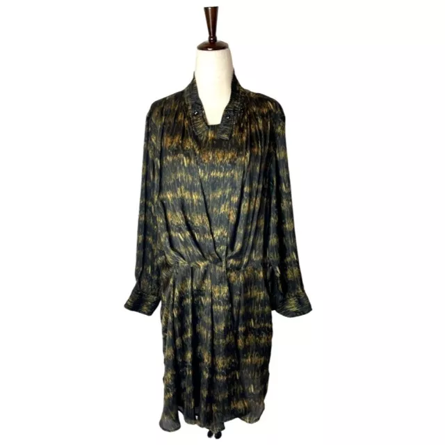 Isabel Marant Black And Gold Long Sleeve Pleated Draped Mini Dress Size M