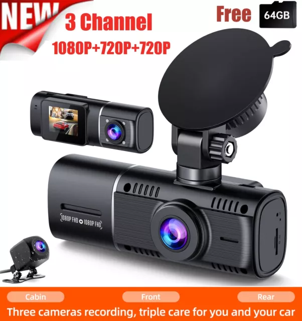 3 Channel Dash Cam Front Inside+Rear Three Way Triple Car Camera IR Night Vision