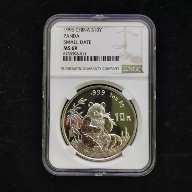 1996 China Panda Coin 10 Yuan 1oz Ag.999 Panda Silver Coin NGC MS69 - Small Date