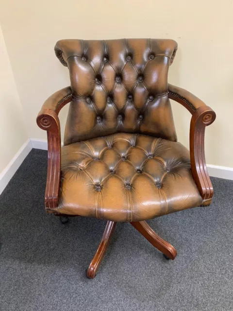 VINTAGE Chesterfield Swivel Captains Chair Light Brown Leather Desk CS R26