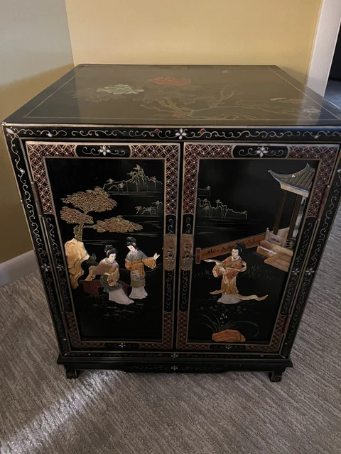 Chinoiserie Black Lacquer Hand Painted Cabinet
