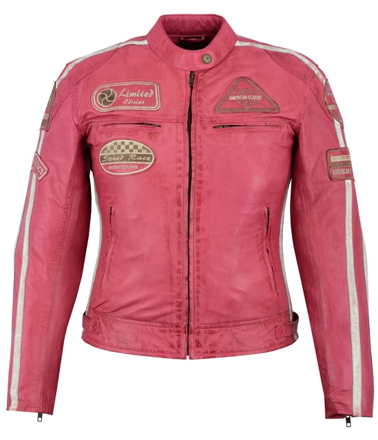 Giacca Moto Pelle Scooter Cafe Racer,Naked da Donna Vintage Rosa
