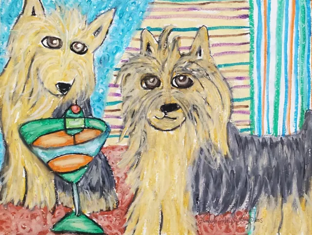 SILKY TERRIER drinking a Martini Dog Folk Art ORIGINAL Pastel Painting by KSAMS