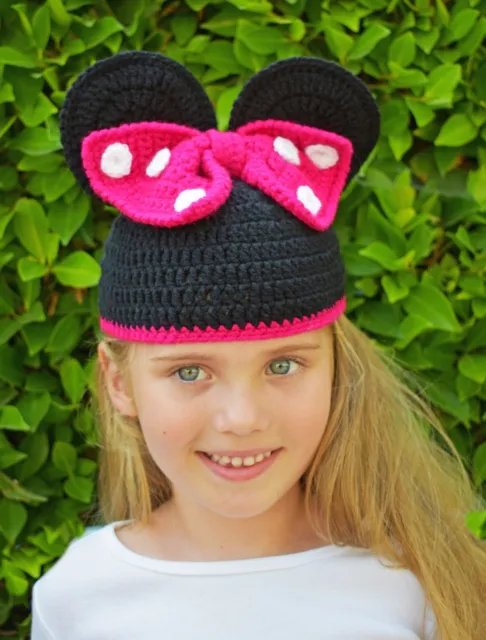 Minnie Mouse Hat with bow Girl black pink Photo Prop handmade crochet size 2-4T