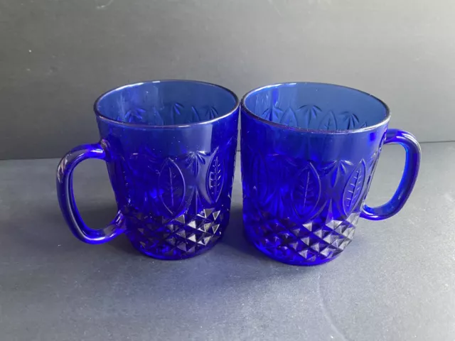 Cobalt Blue Avon Royal Glass France Pressed Leaf Pattern Mug Set Of 2