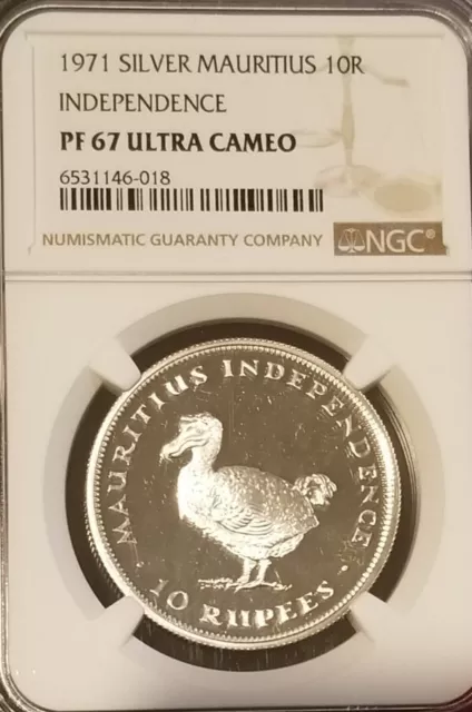 1971 Mauritius Silver 10 Rupee RARE Cameo, NGC Prf 67, Mintage 750, Beauty