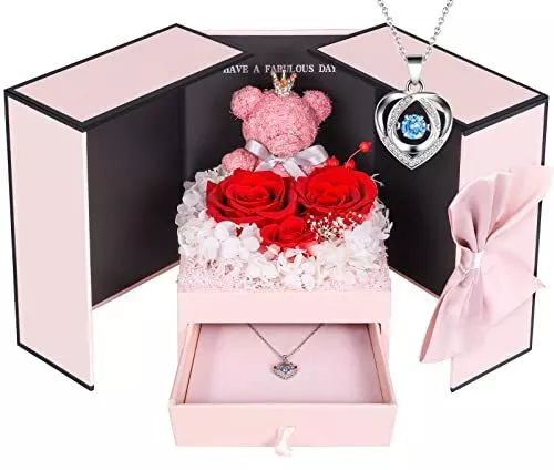 ADDWel Forever Rose Necklace Gift Box for Girlfriend, Cute Preserved Roses Gifts