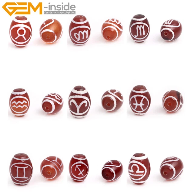 12 Constellation Oval Red Agate Pendant Necklace Beads Jewelry Making Bulk 1Pcs