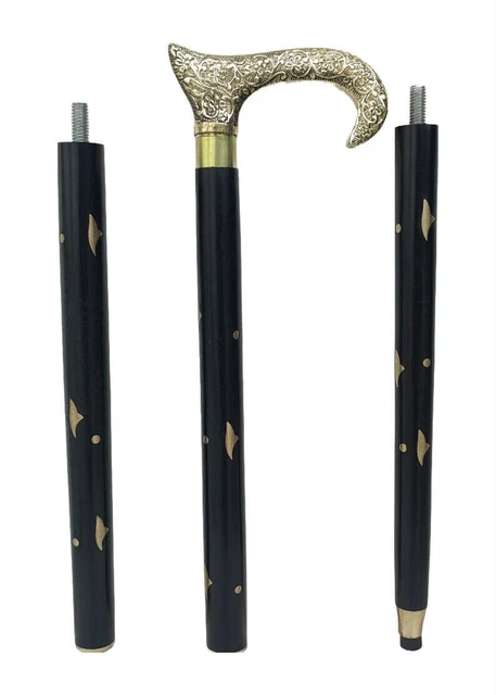 Victorian solid brass head Handle black Innlay foldble Wooden Walking Cane Stick