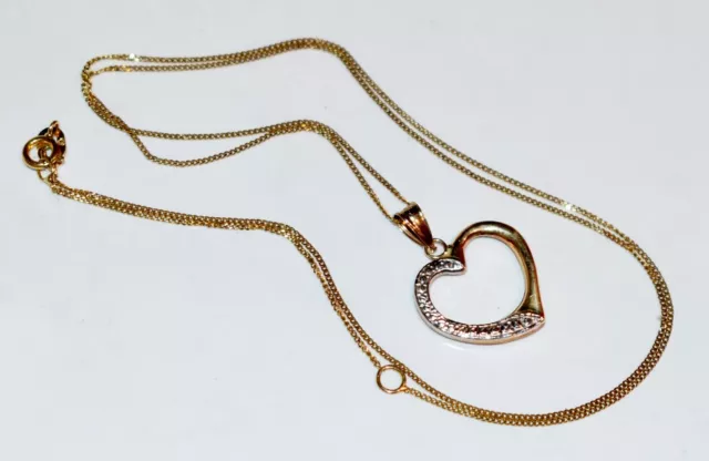 Dainty Solid 9Kt Yellow & White Gold Open Heart Pendant On 47Cm 9Kt Gold Chain