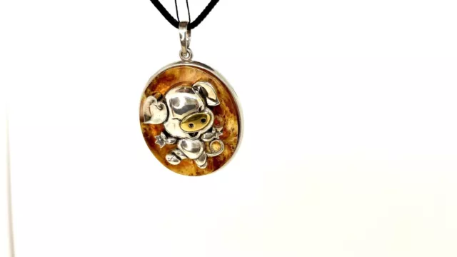 Pig Silver Pendant On Natural Amber Plate Oval Shape For Necklace 30g Porky
