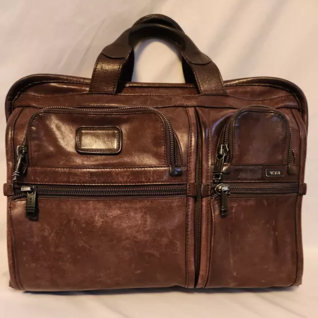 TUMI Briefcase Alpha Business Laptop Organizer Bag Leather Brown PC