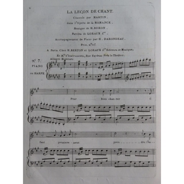 BERTON H. La Romance No 7 Chant Piano ca1820