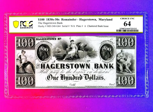 1830s Maryland Hagerstown Bank $100 Obsolete Currency Paper Money PCGS 64 FINEST