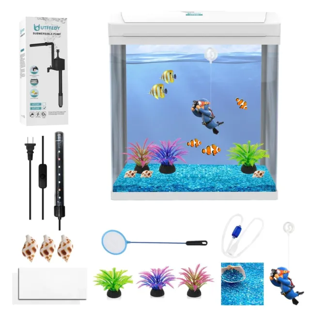 Glass Fish Tank, 2 Gallon Betta Aquarium Beginner Kit Multi-Functional Small ...