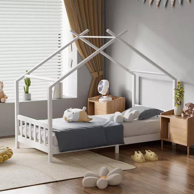 3ft Single Pine Wood House Bed Frame Children Kids Sleeper Canopy Bed Base White