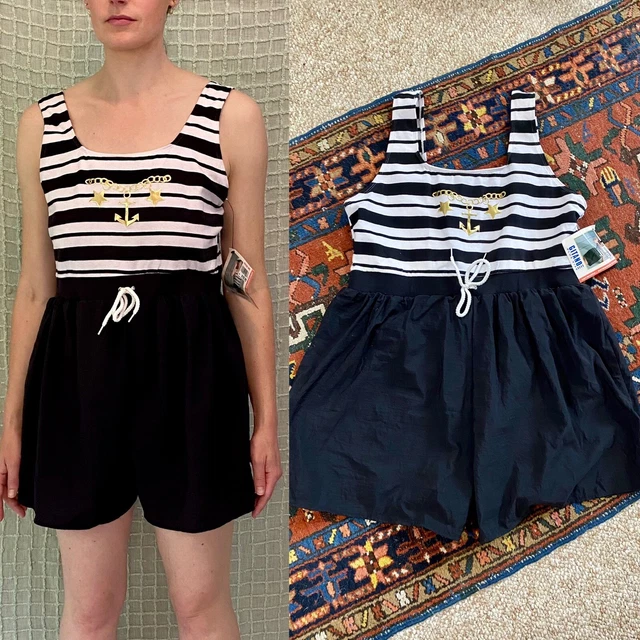 Vintage 90s NWT Black White Stripe Nautical One Piece Shirts Swim Suit Volup 2XL