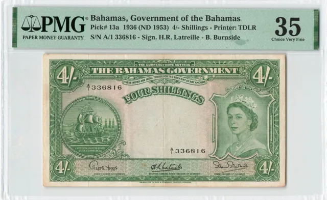 BAHAMAS 4 Shillings 1953, P-13a, Higgs Latreille Burnside, PMG 35 Ch VF Scarce