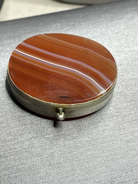 1800’s French Snuffbox Oval Double Sided Banded Agate Gilt Metal Signed RARE.