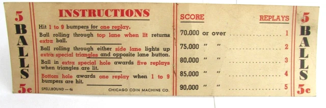 1946 CHICAGO COIN MACHINE CO SPELLBOUND PINBALL Machine Payout Score Card Inst.