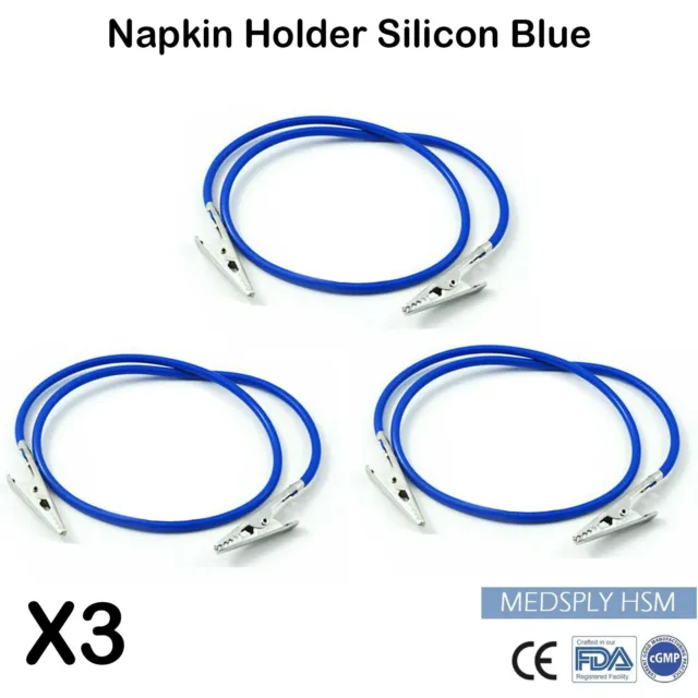 Set of 3 Napkin Bib Clip Blue Silicon Orthodontic Lab Tool Flexible & Adjustable
