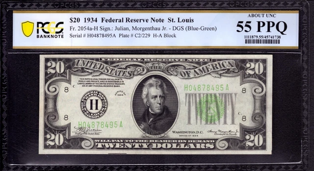 1934 $20 Federal Reserve Note St Louis Fr.2054-H Dgs Pcgs B About Unc Au 55 Ppq