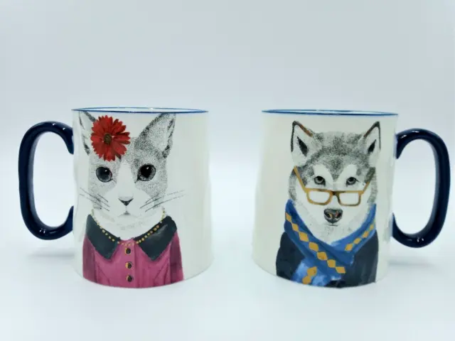 Signature Housewares - Hipster Cat With Flower Hat & Wolf Husky Dog Coffee Mug
